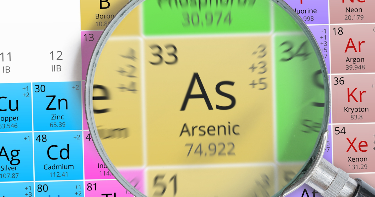 which water filters remove arsenic? a magnifying glass hovers over a colorful periodic table and centers on the symbol As, for Arsenic 74.922.